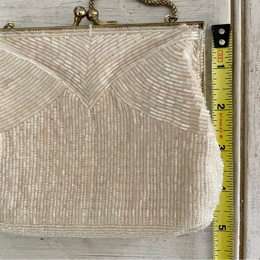 Vintage Cream Beaded Clutch Elegant Evening Bag - Picture 7 of 9